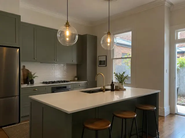 Kitchen with two glass pendant lights over a green island in a home in Lilyfield