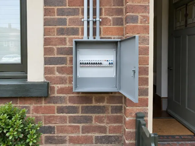 Open external switchboard on a brick house wall beside the entry door in Leichhardt